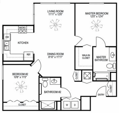 Floor plan for 2 beds, 2 baths, 932 sqft
